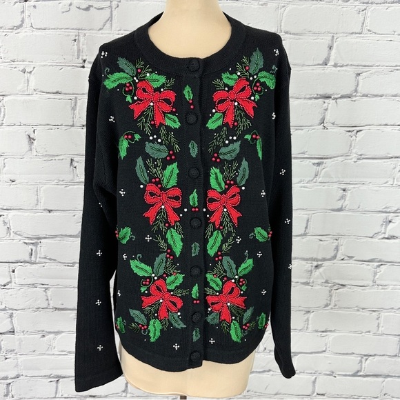 Vtg Christmas Embroidered Bow Cardigan Sweater Lrg Black Beaded Holiday Coquette - Picture 1 of 12